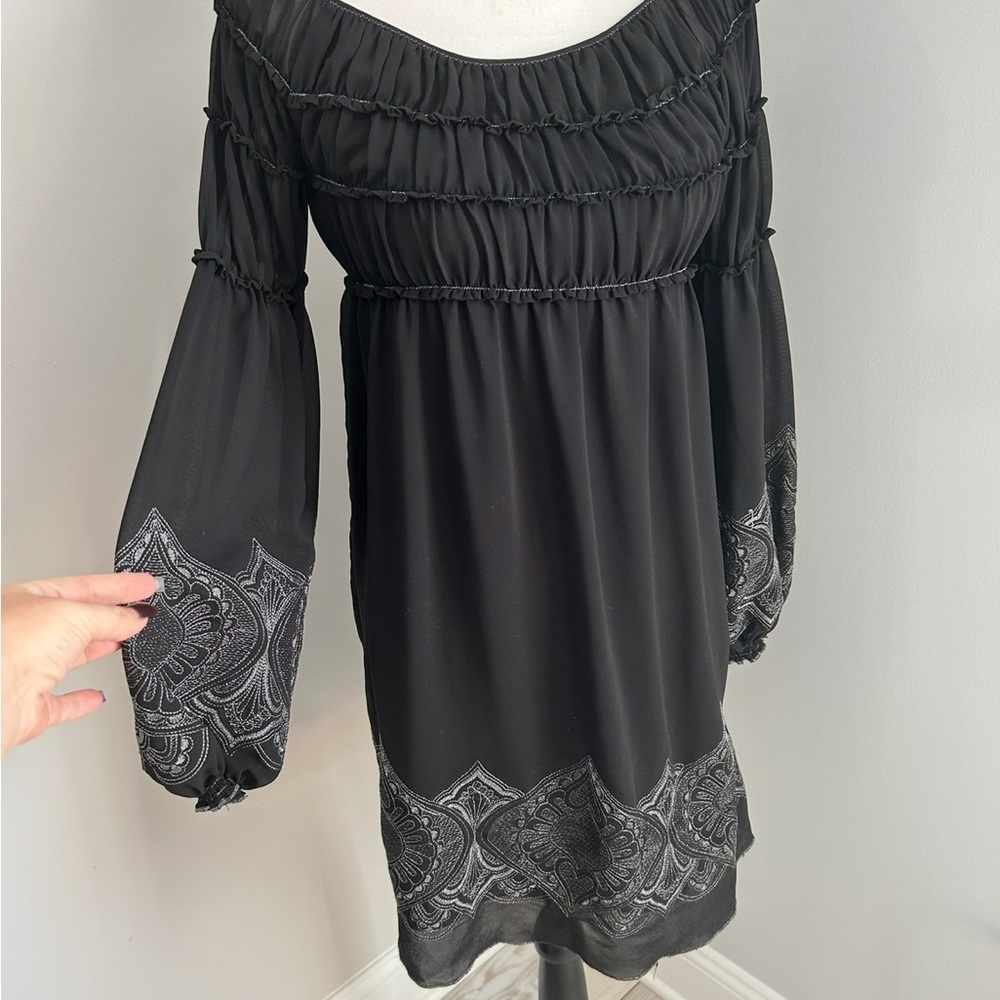 Sz small Black Boho Embroidered Hem and Sleeve Dress